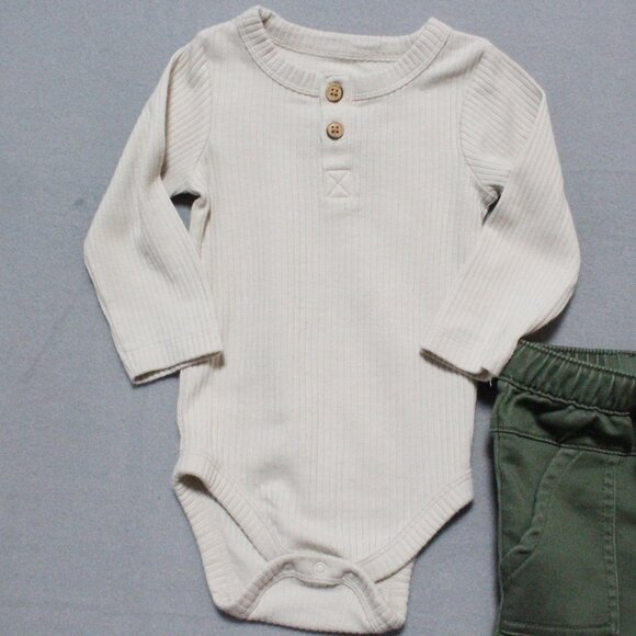 Cat & Jack Baby Boy 2-Piece Outfit – 6–9 Months – Beige & Olive Green - Picture 2 of 5
